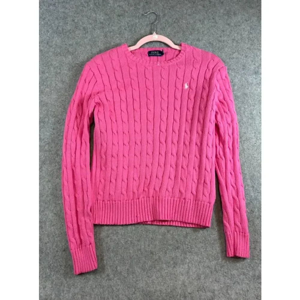 Polo Ralph Lauren Sweater Womens Medium Pink Crewneck Cable Knit Pony Preppy Y2K - Picture 1 of 8